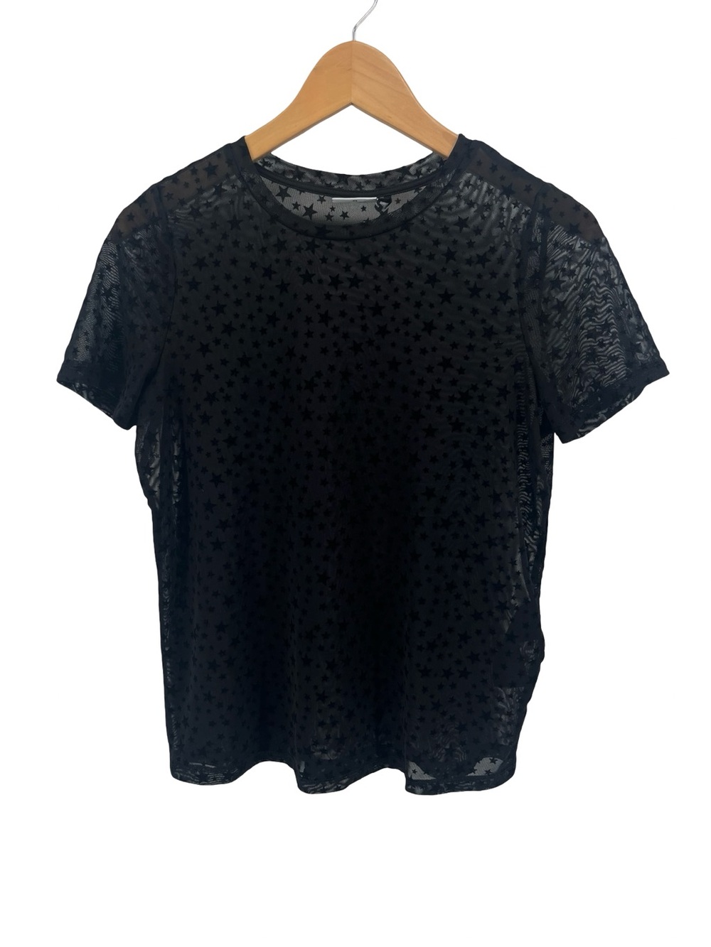 Noisy May Sheer Star Mesh Top XS Black Flocked Stars See Through Layering Tee - Picture 2 of 7